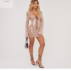 LONG SLEEVE KEYHOLE CUT OUT DETAIL MINI BODYCON DRESS IN NUDE SHEER SEQUIN